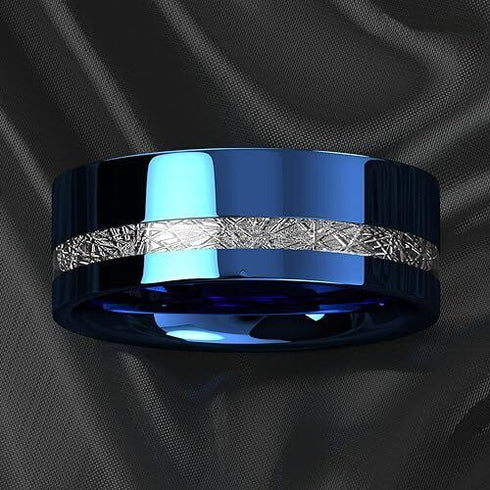 Men's 8mm Tungsten Ring Blue Silver Meteorite Inspired Inlay Wedding Band